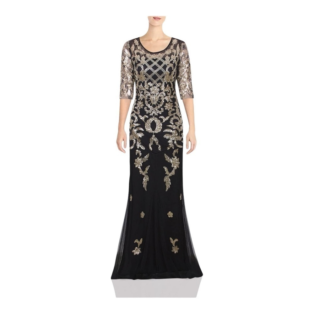 Vijiv Vintage Inspired Sequin Evening Gown in Black and Gold NWT